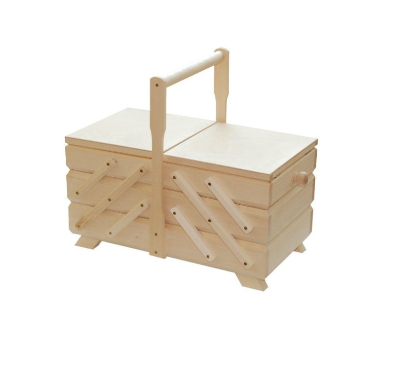 Wooden sewing box made from natural wood, unpainted wooden box for craft supplies, raw wood box for decoupage