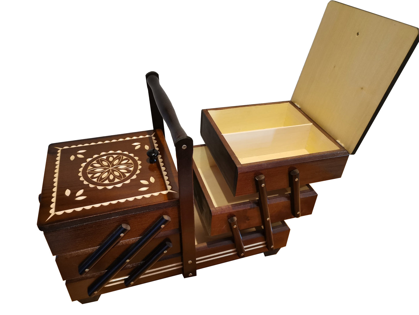 Large sewing box made from wood, dark brown carved jewellery casket, sewing kit box, accordion box, craft supplies storage, gift for her