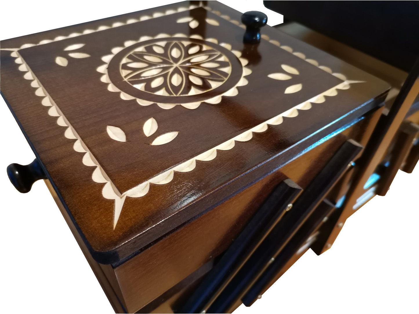 Large sewing box made from wood, dark brown carved jewellery casket, sewing kit box, accordion box, craft supplies storage, gift for her