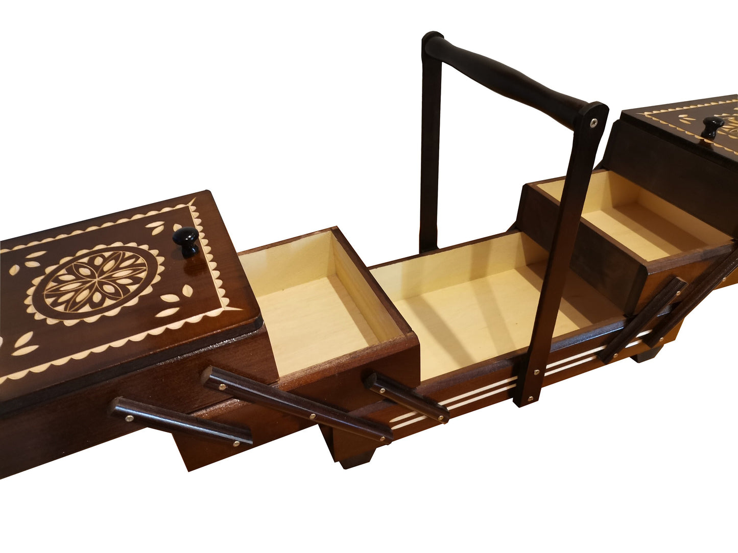 Large sewing box made from wood, dark brown carved jewellery casket, sewing kit box, accordion box, craft supplies storage, gift for her
