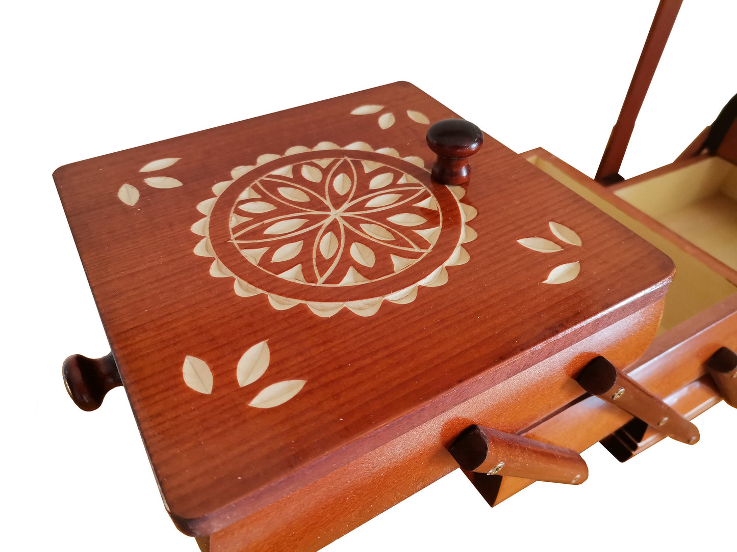 Brown sewing box, wooden sewing caddy, jewellery box for girl, needles buttons storebox, accordion box, best gift for her