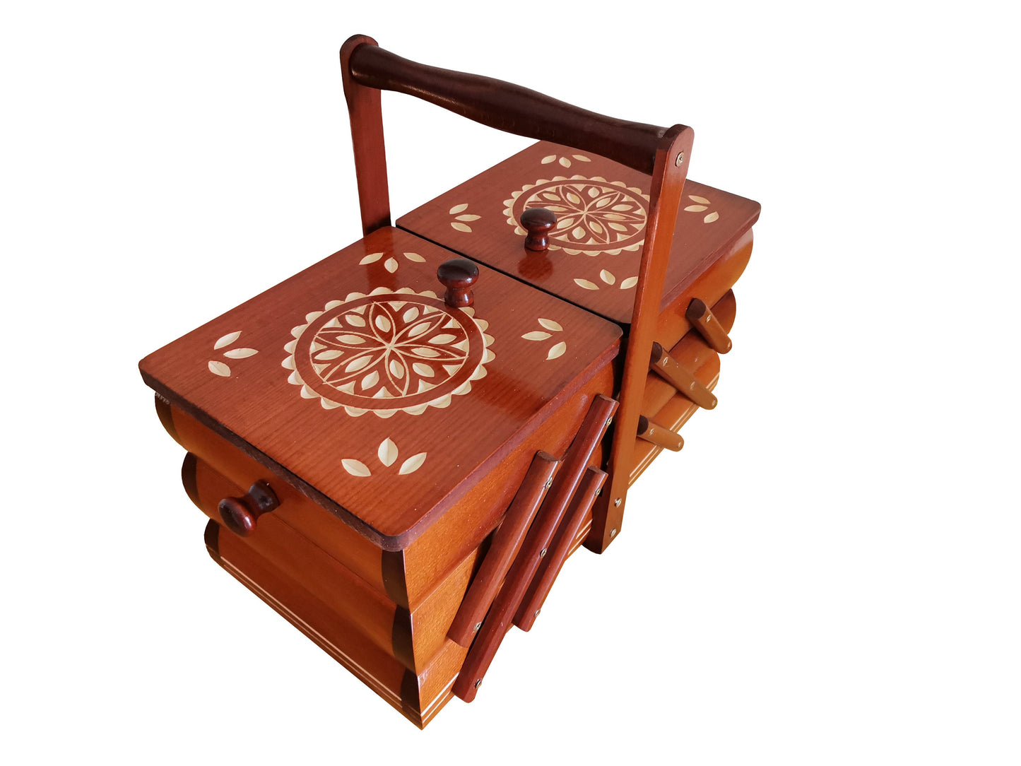Brown sewing box, wooden sewing caddy, jewellery box for girl, needles buttons storebox, accordion box, best gift for her