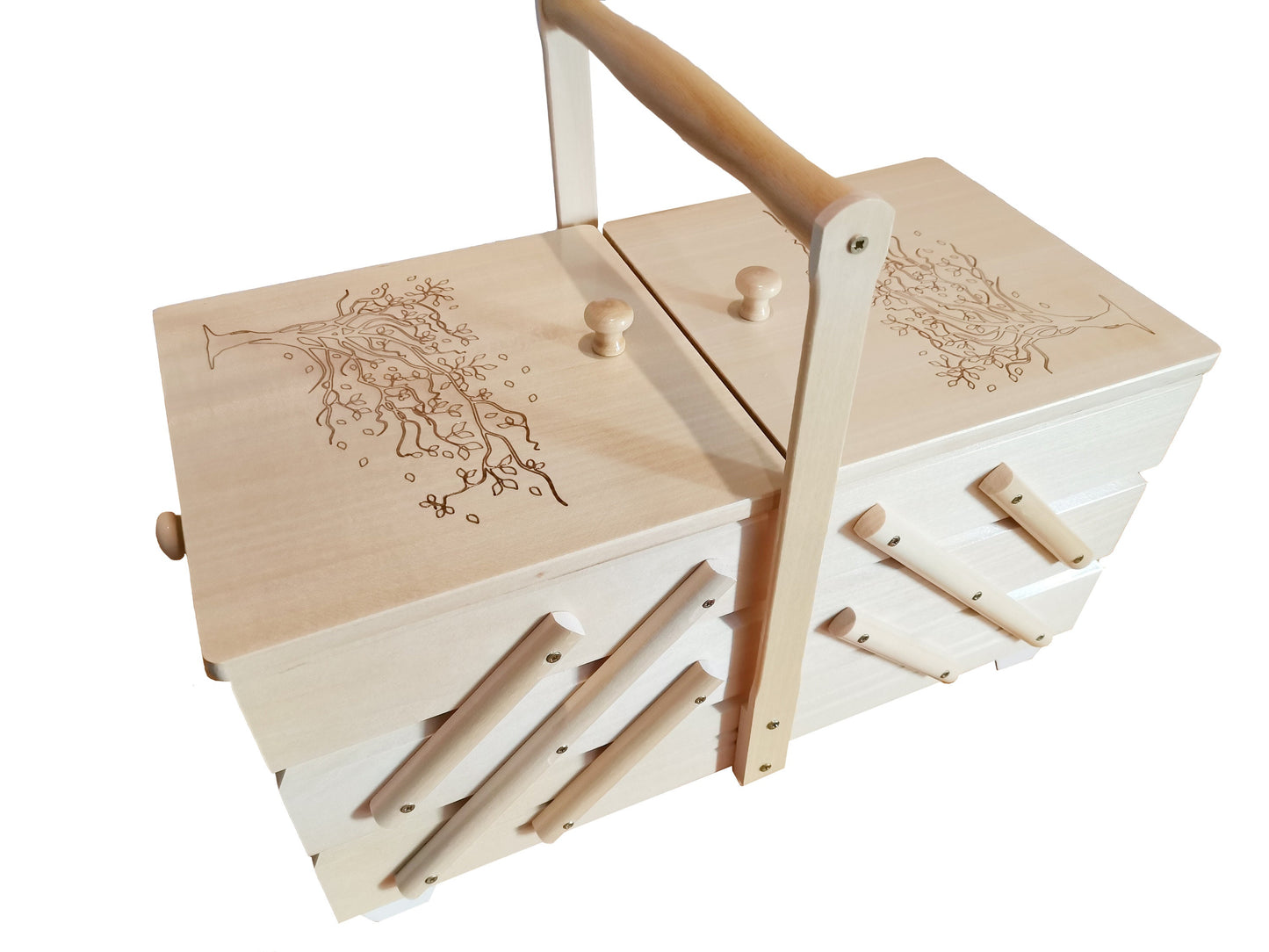 Big wooden sewing box, natural wood ornamental sewing box, jewellery casket, storage box with tree motive, sewing accordion box, woman gift