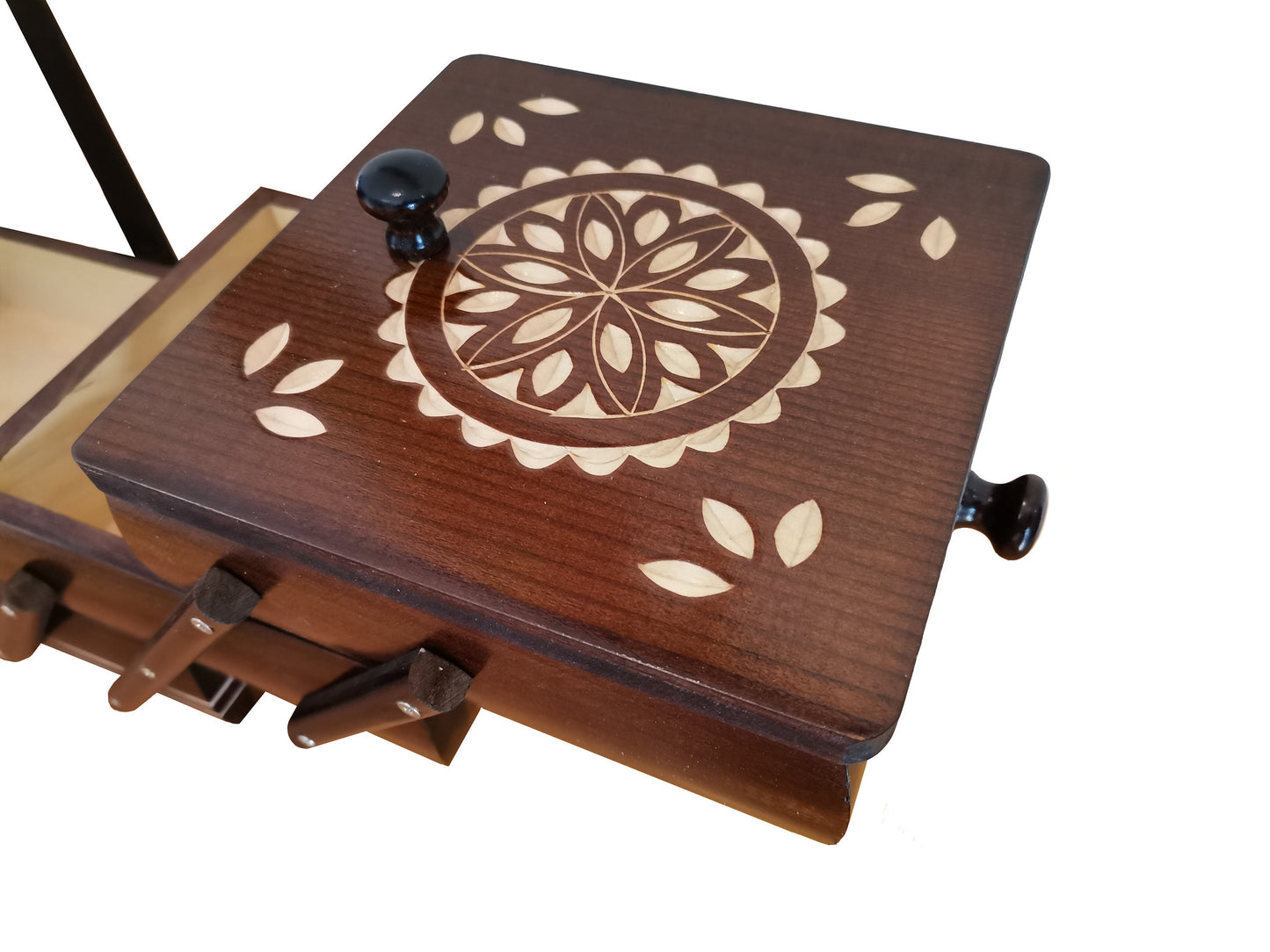 Wooden sewing box made from natural wood, dark brown wooden box for craft supplies, elegant hand carved jewelry box, stylish gift