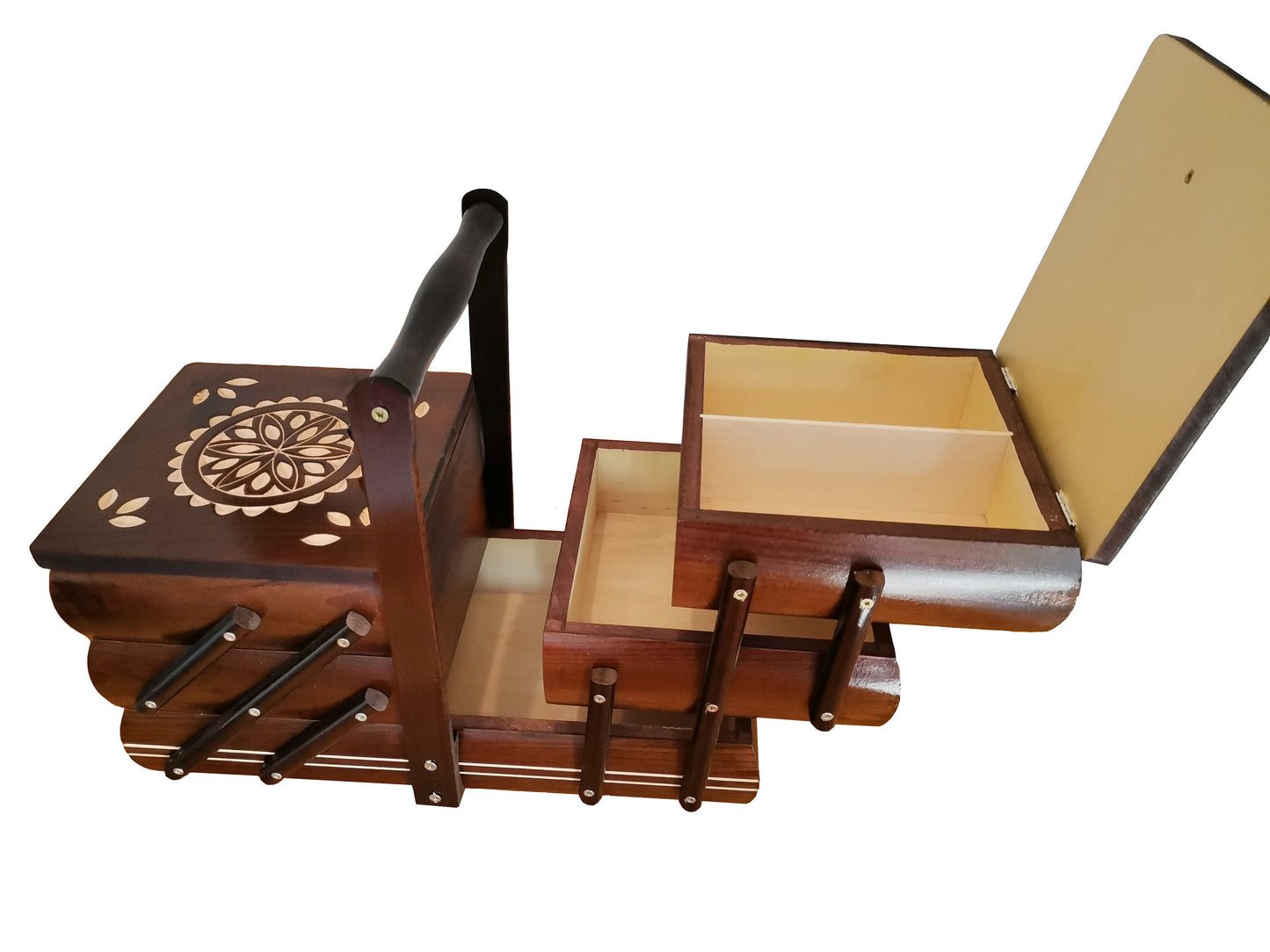 Wooden sewing box made from natural wood, dark brown wooden box for craft supplies, elegant hand carved jewelry box, stylish gift