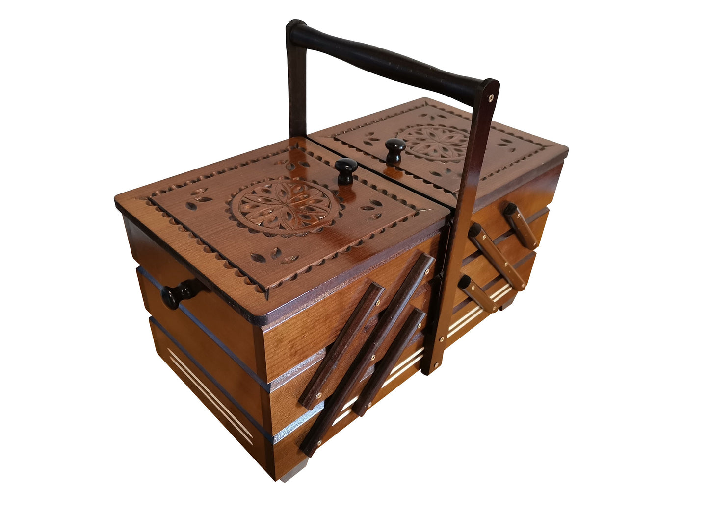 Large wooden box for sewing kit, wood carved storage box for sewing equipment, carved jewelry box, dark brown sewing box wood, accordion box