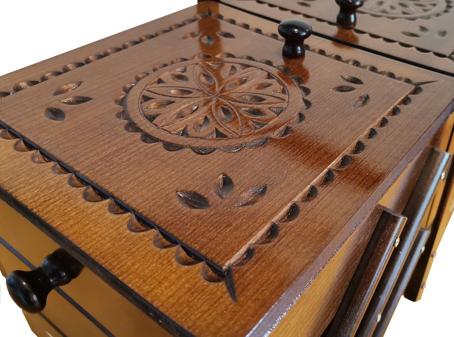 Large wooden box for sewing kit, wood carved storage box for sewing equipment, carved jewelry box, dark brown sewing box wood, accordion box