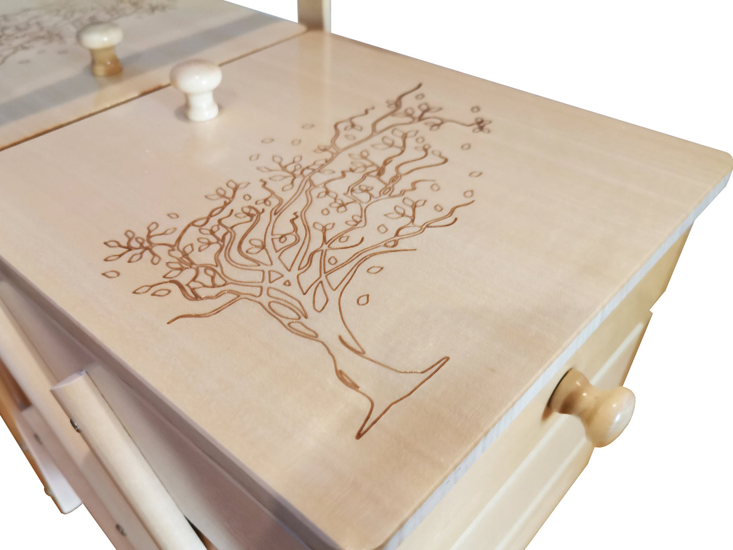 Big wooden sewing box, natural wood ornamental sewing box, jewellery casket, storage box with tree motive, sewing accordion box, woman gift