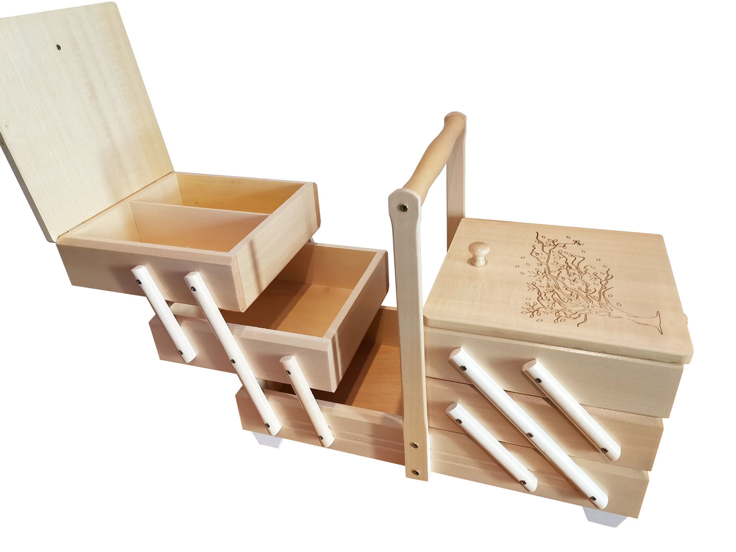 Big wooden sewing box, natural wood ornamental sewing box, jewellery casket, storage box with tree motive, sewing accordion box, woman gift