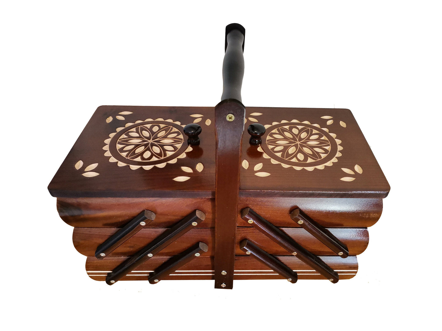 Wooden sewing box made from natural wood, dark brown wooden box for craft supplies, elegant hand carved jewelry box, stylish gift