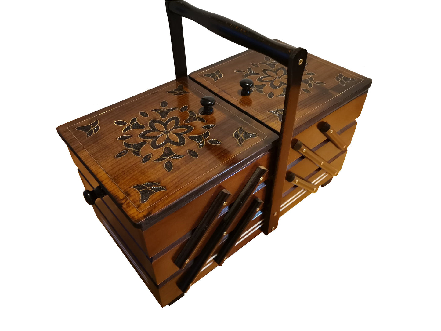 Large box for sewing kit, ornamental storage box for jewelry, wooden jewelry casket, dark brown sewing box wood, accordion box, gift for her
