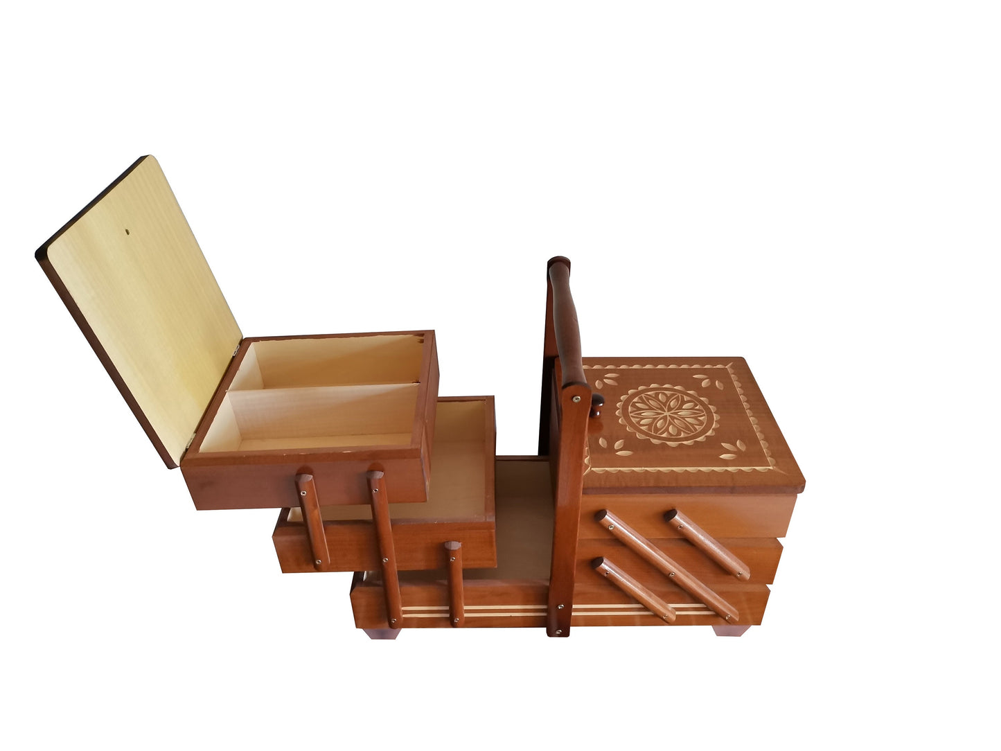 Huge sewing box from wood, light brown carved sewing caddy, jewellery casket for her, needles box, accordion box, best gift for woman