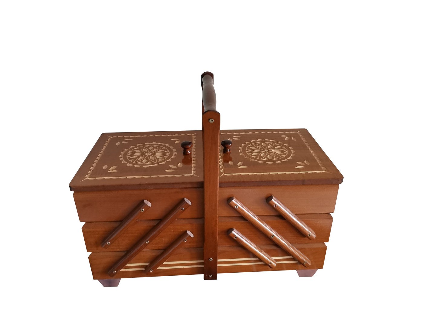 Huge sewing box from wood, light brown carved sewing caddy, jewellery casket for her, needles box, accordion box, best gift for woman