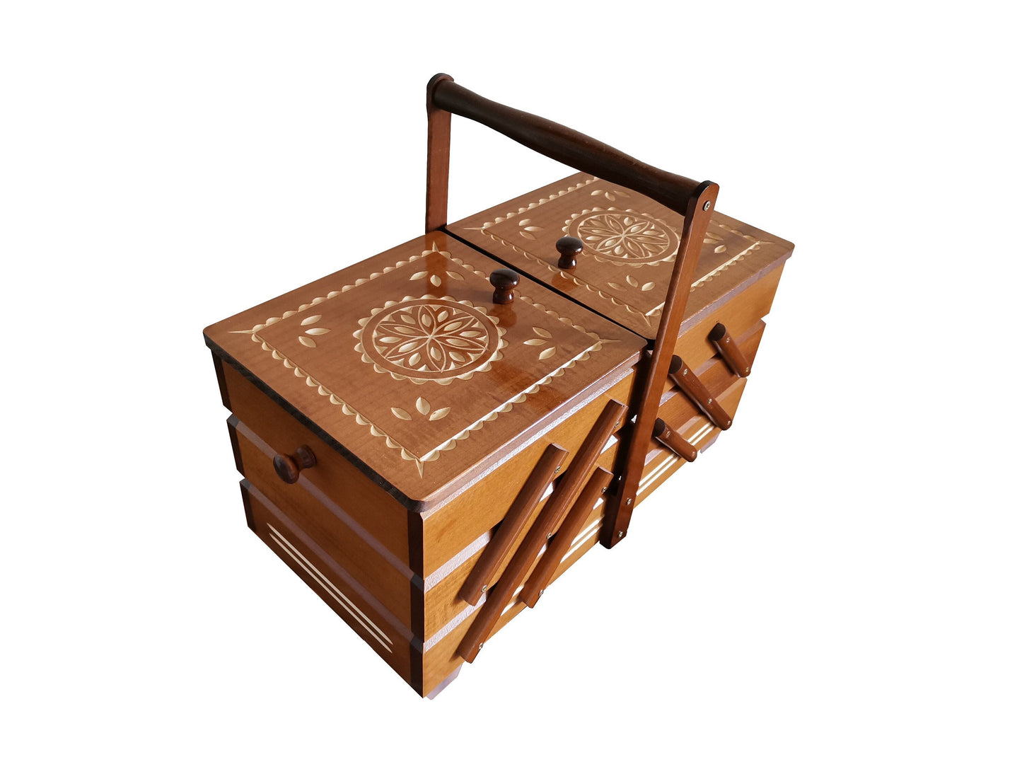 Huge sewing box from wood, light brown carved sewing caddy, jewellery casket for her, needles box, accordion box, best gift for woman