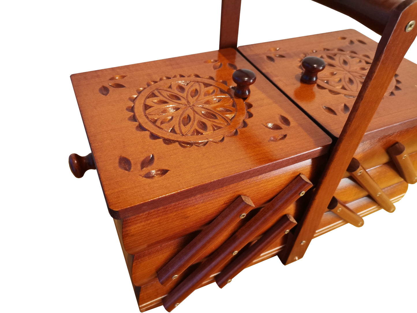 Wooden sewing box, carved sewing caddy, jewellery box for her, needles box, accordion box from wood, gift for woman, bet gift for her