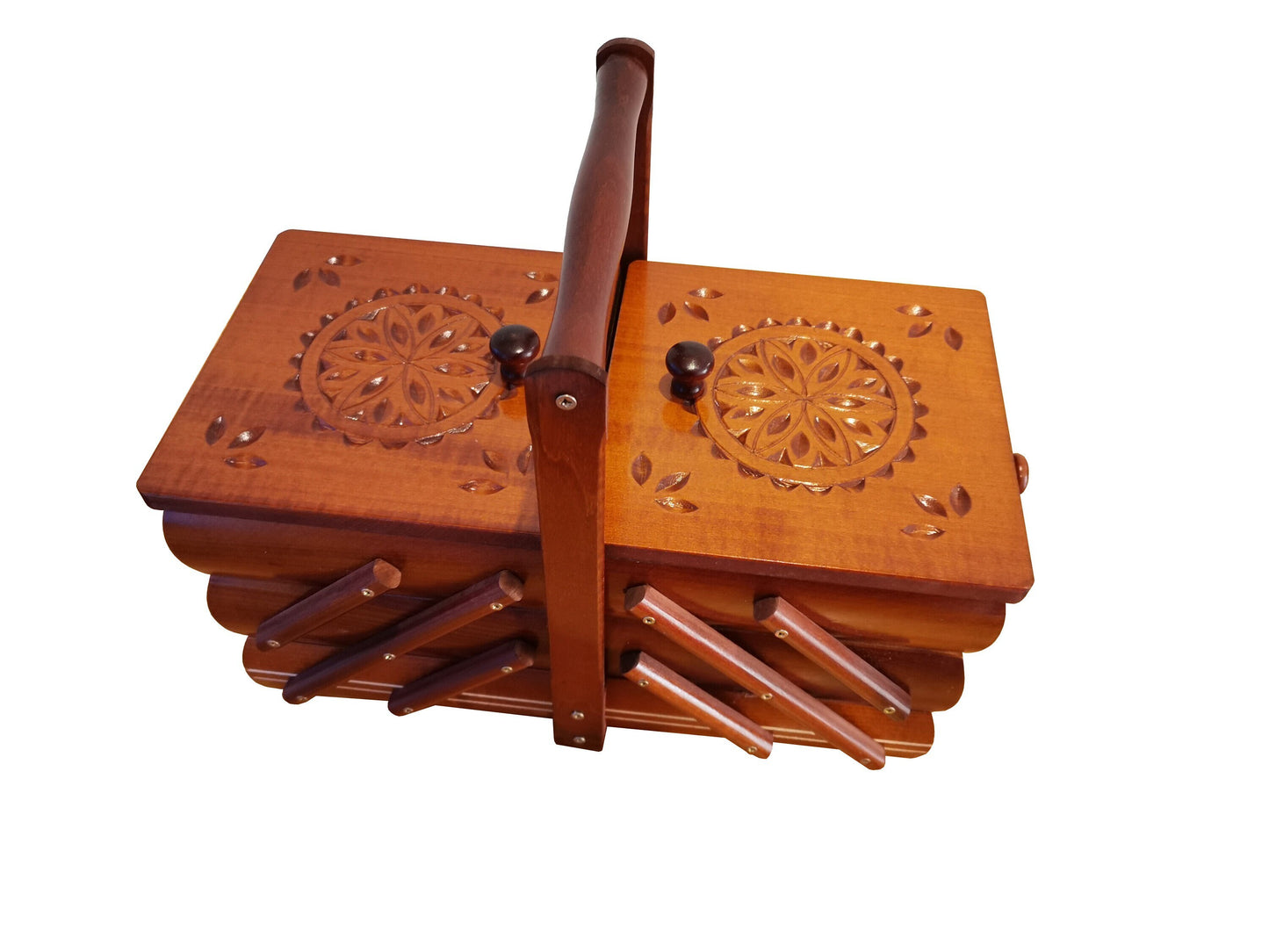 Wooden sewing box, carved sewing caddy, jewellery box for her, needles box, accordion box from wood, gift for woman, bet gift for her