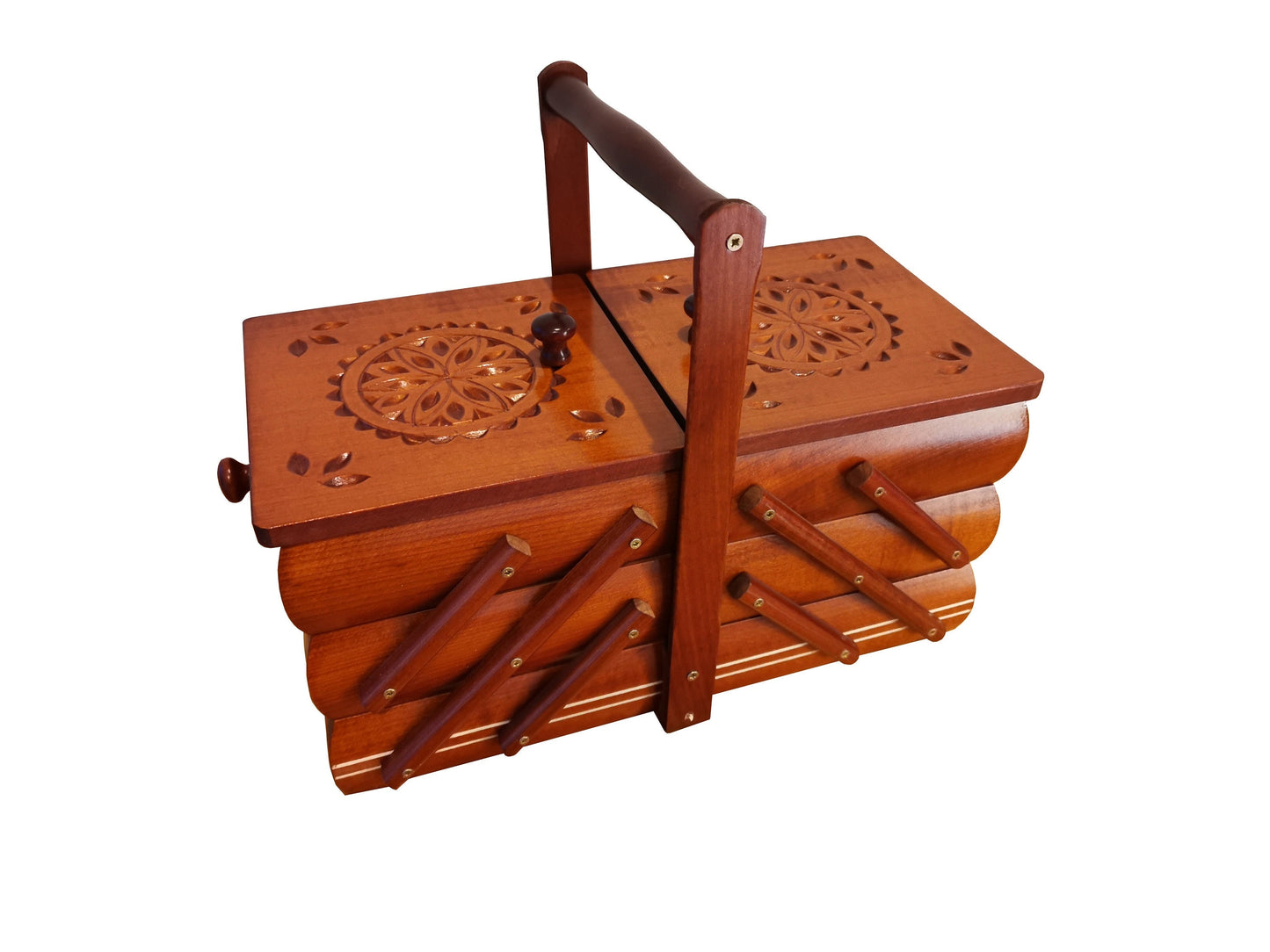Wooden sewing box, carved sewing caddy, jewellery box for her, needles box, accordion box from wood, gift for woman, bet gift for her