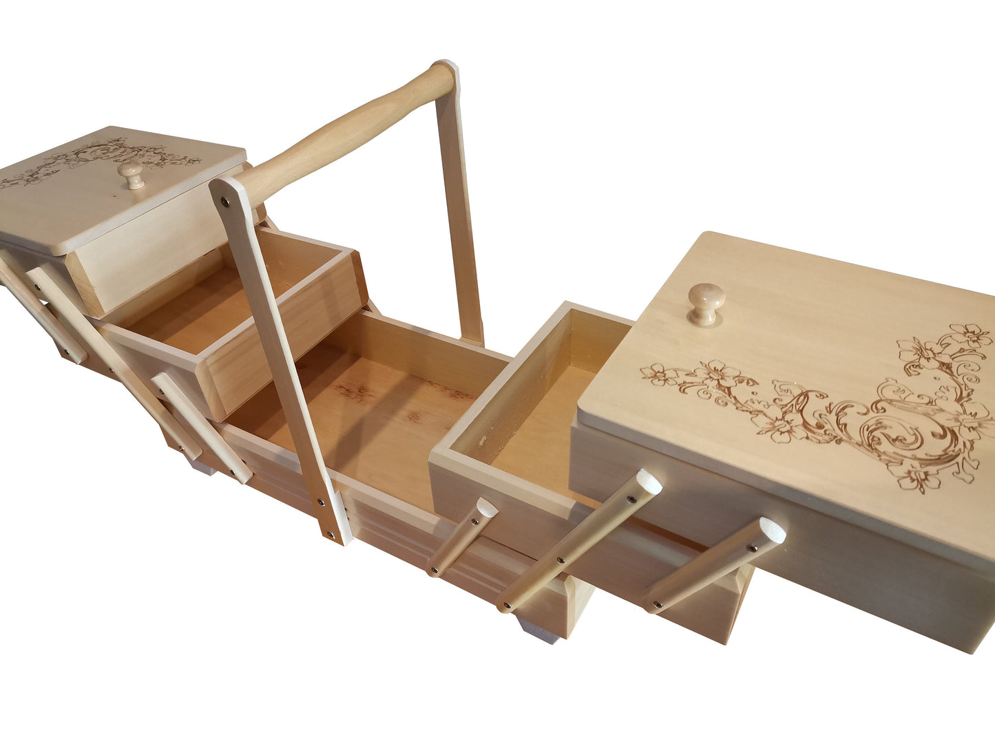 Wooden sewing box, wood sewing box with floral motive, large jewellery casket, storage box, sewing accordion box, ornamental, woman gift