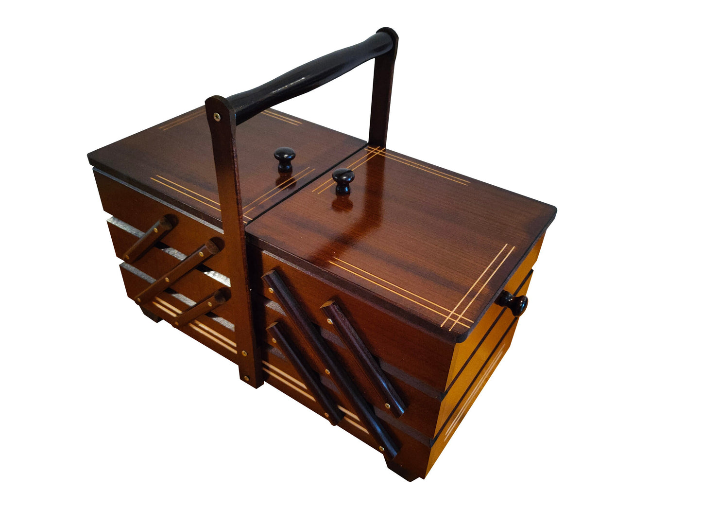 Very big sewing box from wood, dark brown sewing caddy, jewellery casket for her, needles box, accordion box, elegant stylish gift