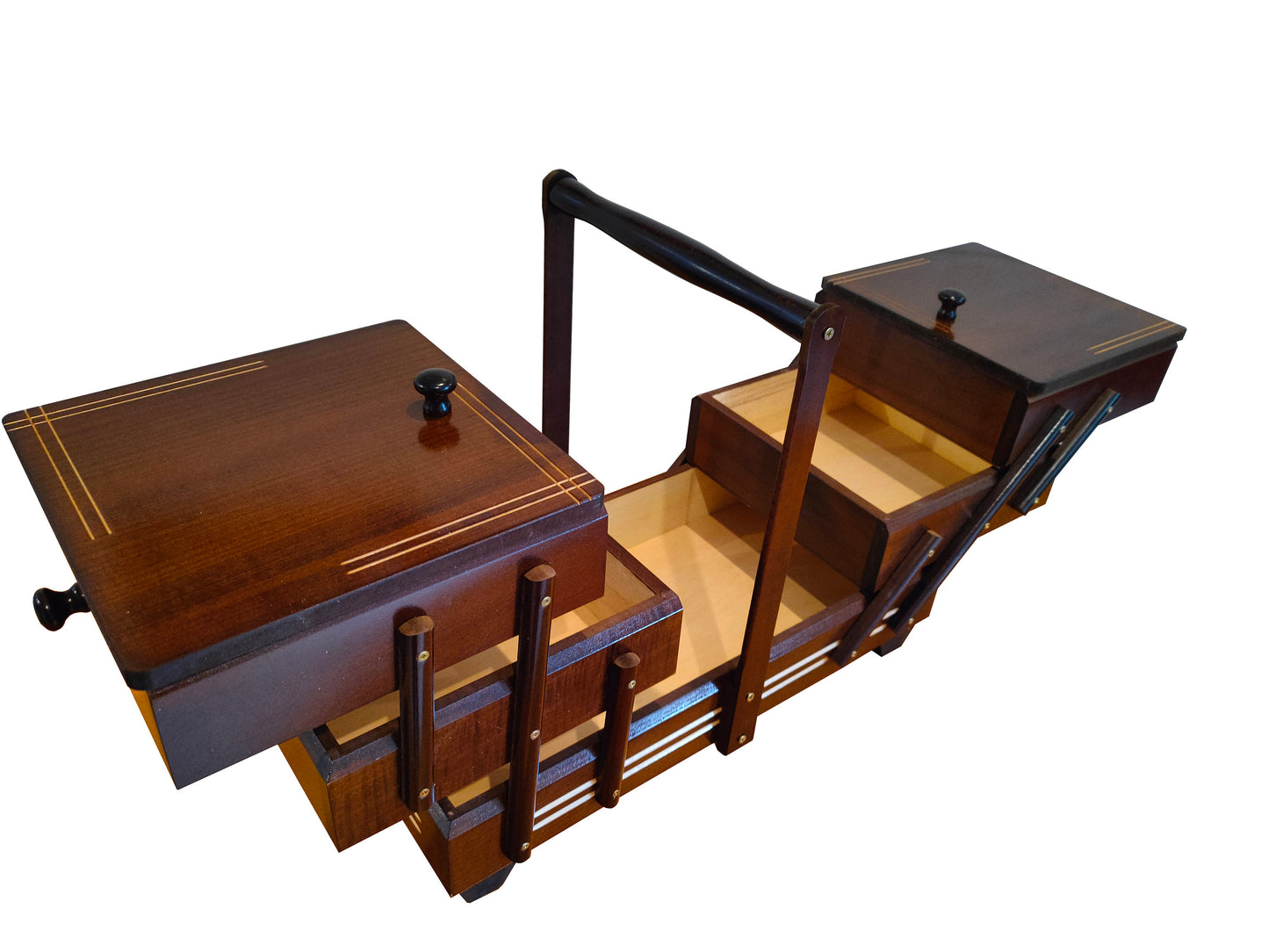 Very big sewing box from wood, dark brown sewing caddy, jewellery casket for her, needles box, accordion box, elegant stylish gift