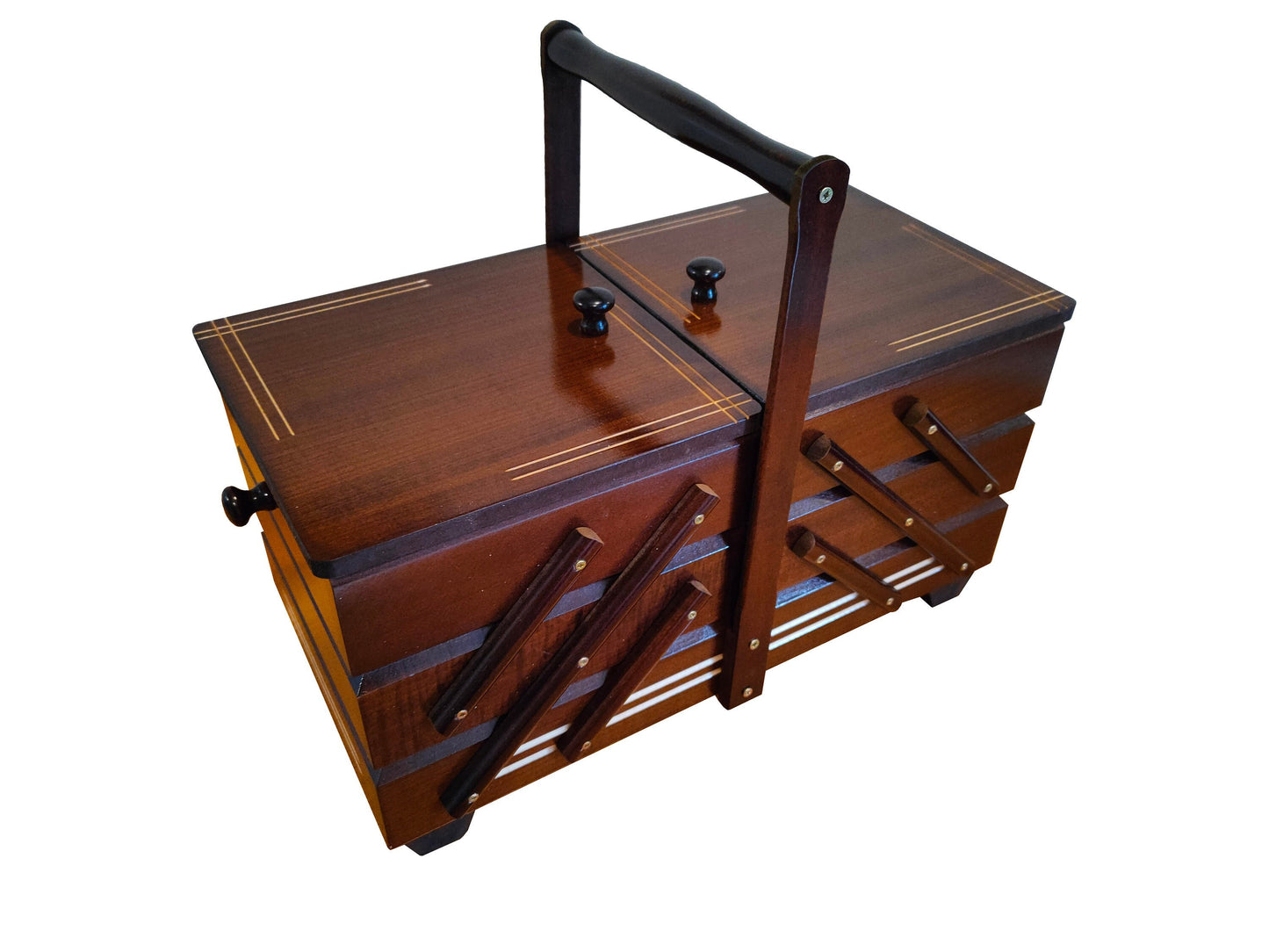 Very big sewing box from wood, dark brown sewing caddy, jewellery casket for her, needles box, accordion box, elegant stylish gift