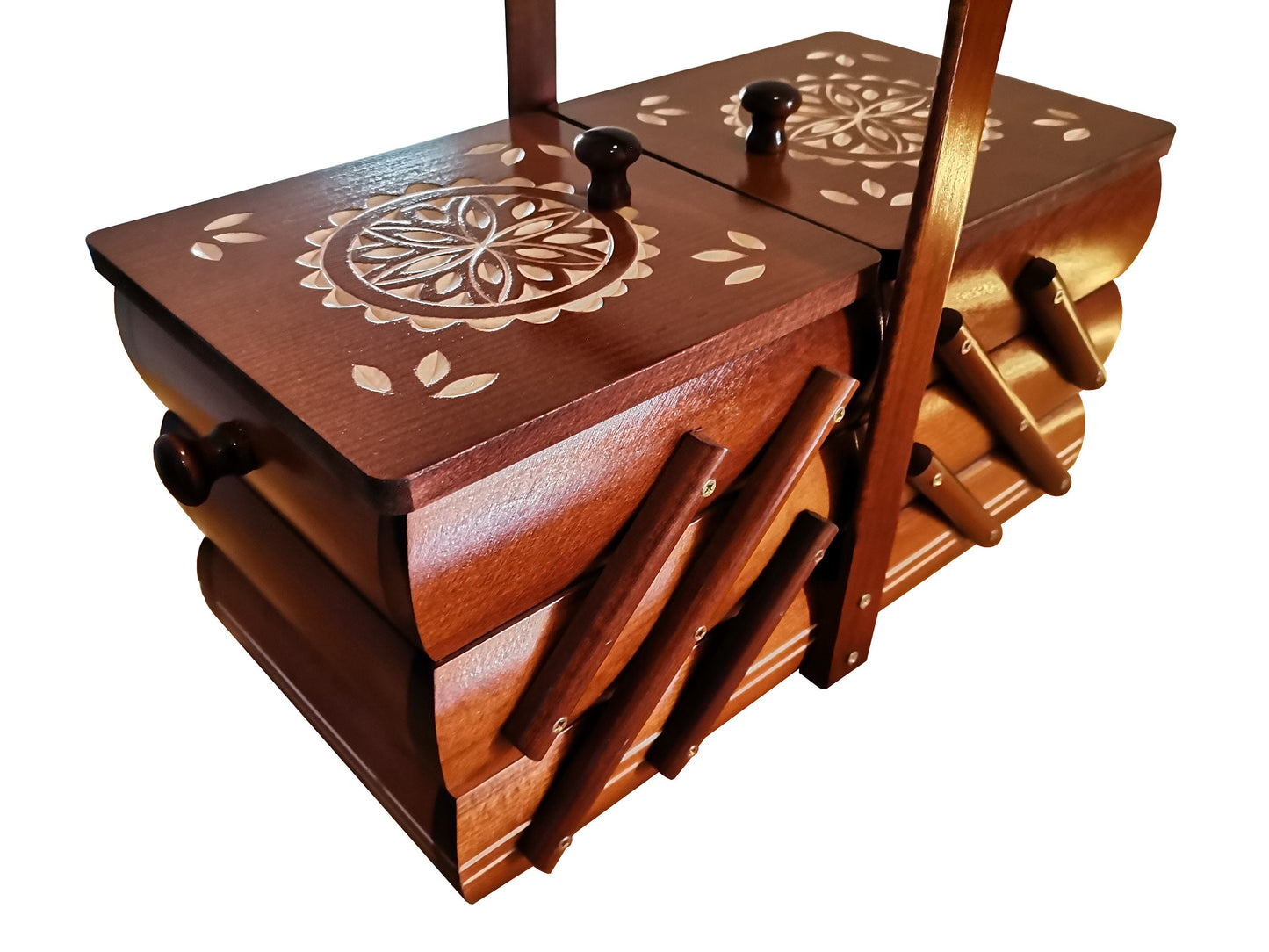 Sewing box, carved sewing caddy, wooden jewellery box for her, needles box, accordion box from wood, gift for woman, best gift for woman