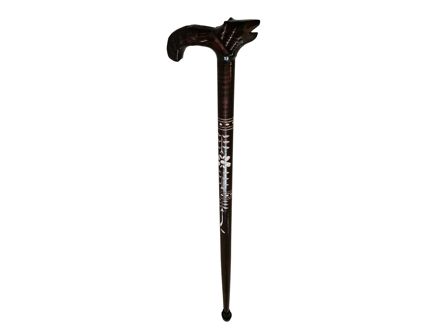 Dark brown walking stick, Rustic wooden cane, Sturdy lightweight walking cane, Handmade cane from wood, Carved handle with a wolf head