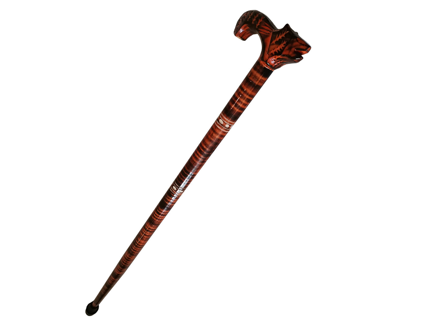 Unique walking stick, Handmade wooden cane, Orange lightweight walking stick, Handcrafted cane from wood, Carved handle with a wolf head