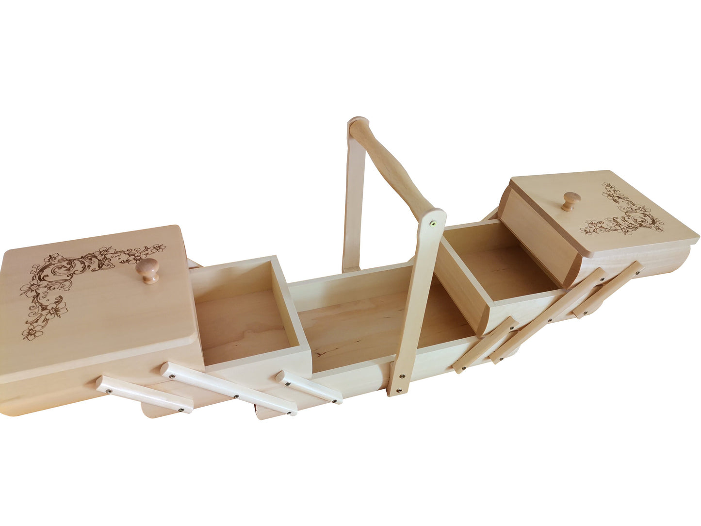 Natural wood sewing box, jewelry casket, small carved expandable box, supplies storage, concertina box, home organization, gift for woman