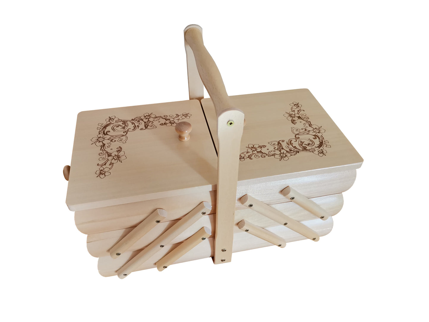 Natural wood sewing box, jewelry casket, small carved expandable box, supplies storage, concertina box, home organization, gift for woman