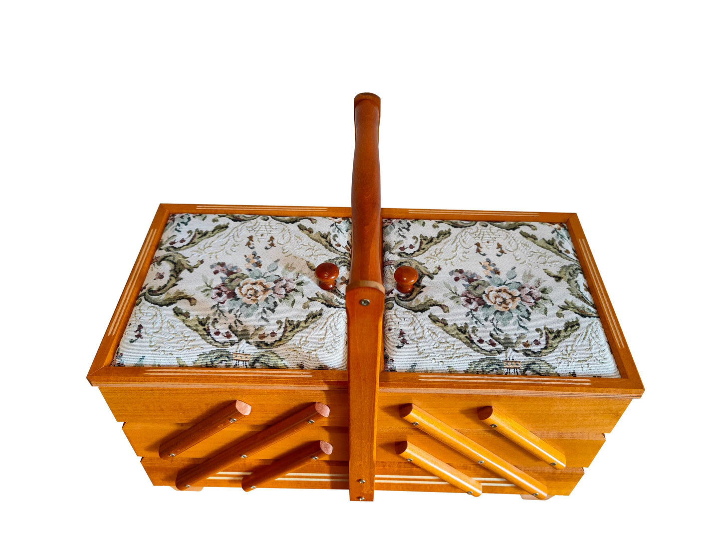 Sewing box in light brown colour, wood storage box for jewelry, fold out box for craft supplies, sewing box accordion, upholstered box