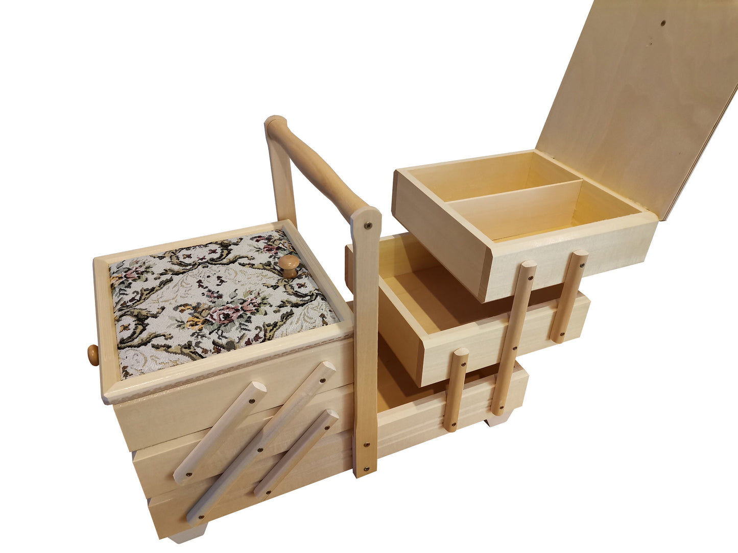 Big wooden box for sewing accessories, natural wood storage box for craft supplies, upholsted jewelry box, sewing box wood, accordion box