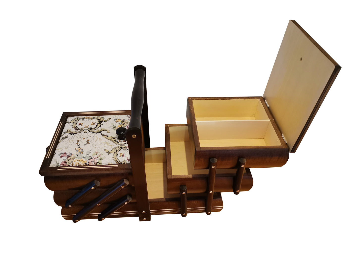 Sewing box in dark brown colour, wooden storage box for jewelry make up art or craft supplies, sewing box accordion, upholstered box
