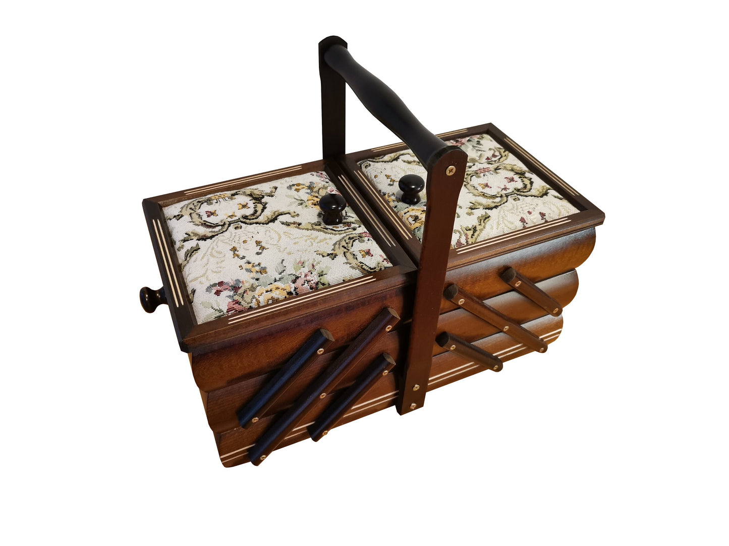 Sewing box in dark brown colour, wooden storage box for jewelry make up art or craft supplies, sewing box accordion, upholstered box