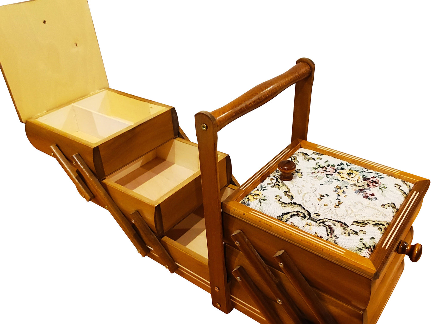 Sewing box made from wood, jewelry casket, decorative expandable box, art craft storage, upholsted concentrina box, home stuff organization