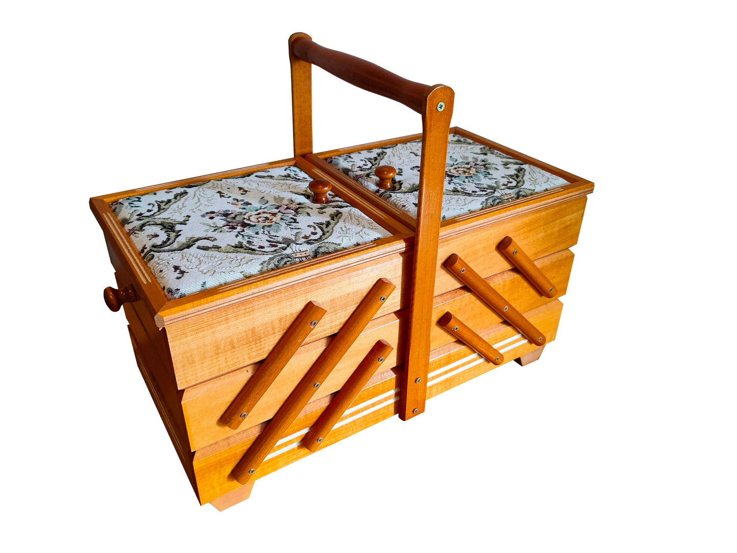 Sewing box in light brown colour, wood storage box for jewelry, fold out box for craft supplies, sewing box accordion, upholstered box