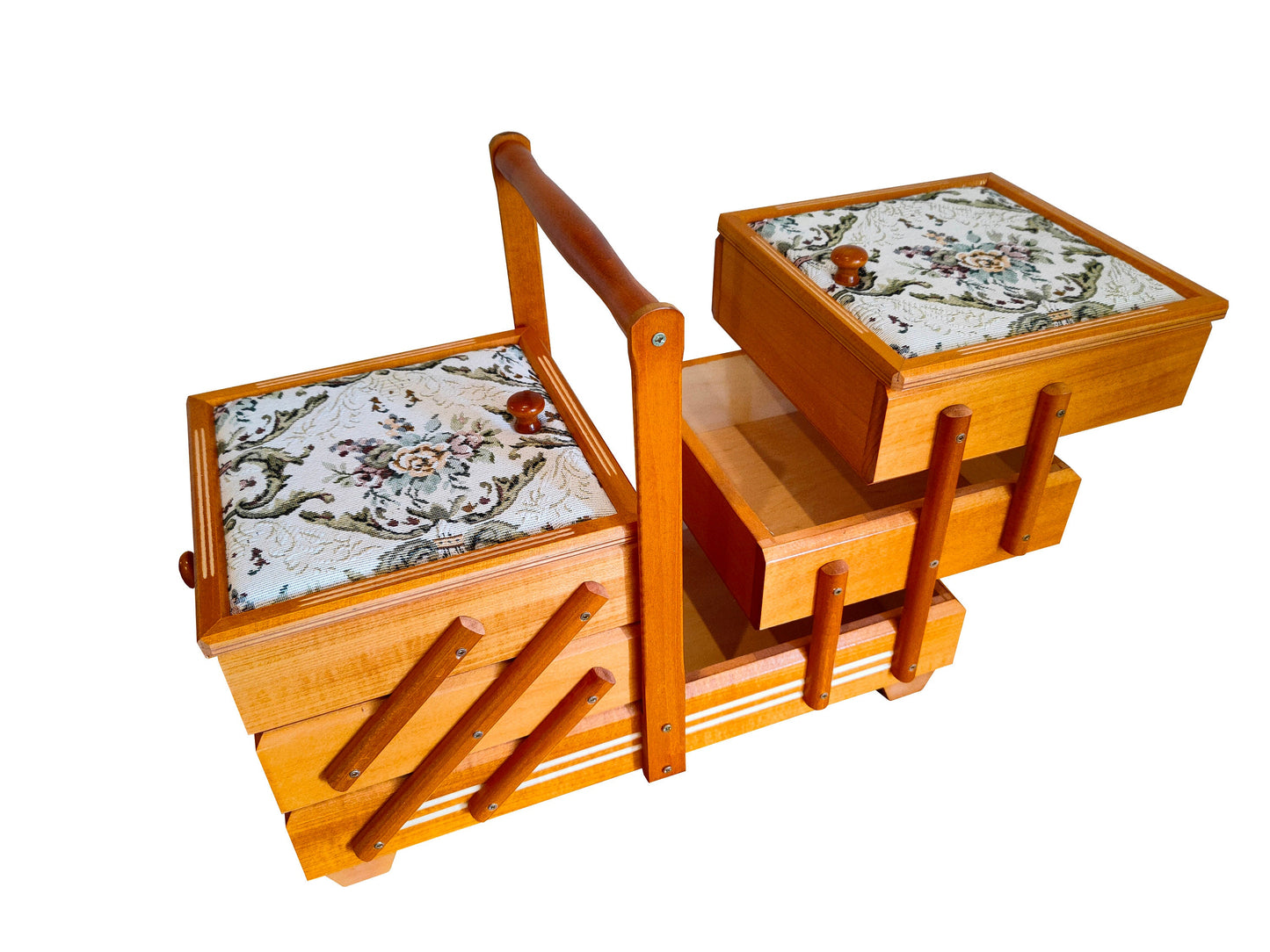 Sewing box in light brown colour, wood storage box for jewelry, fold out box for craft supplies, sewing box accordion, upholstered box