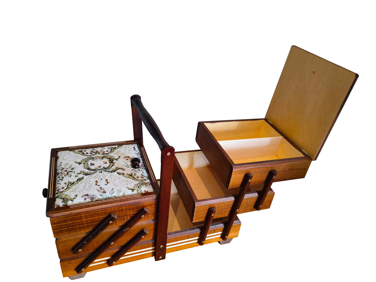 Dark brown sewing box with soft material, Wooden storage box for craft supplies or jewelry, big sewing box accordion, upholstered lids box