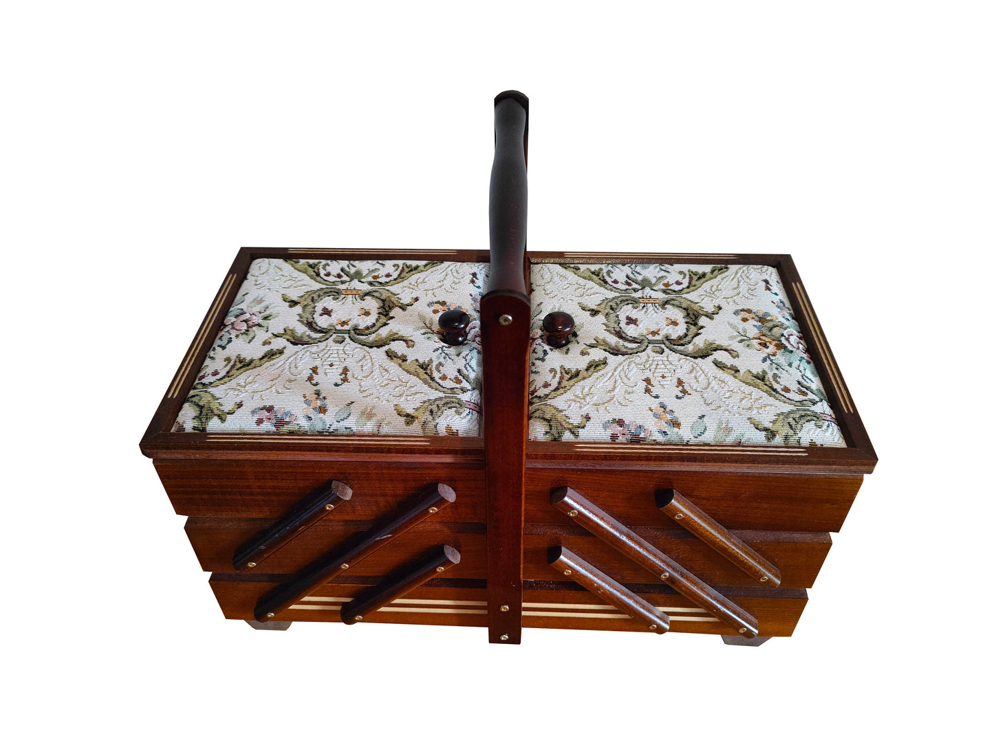 Dark brown sewing box with soft material, Wooden storage box for craft supplies or jewelry, big sewing box accordion, upholstered lids box