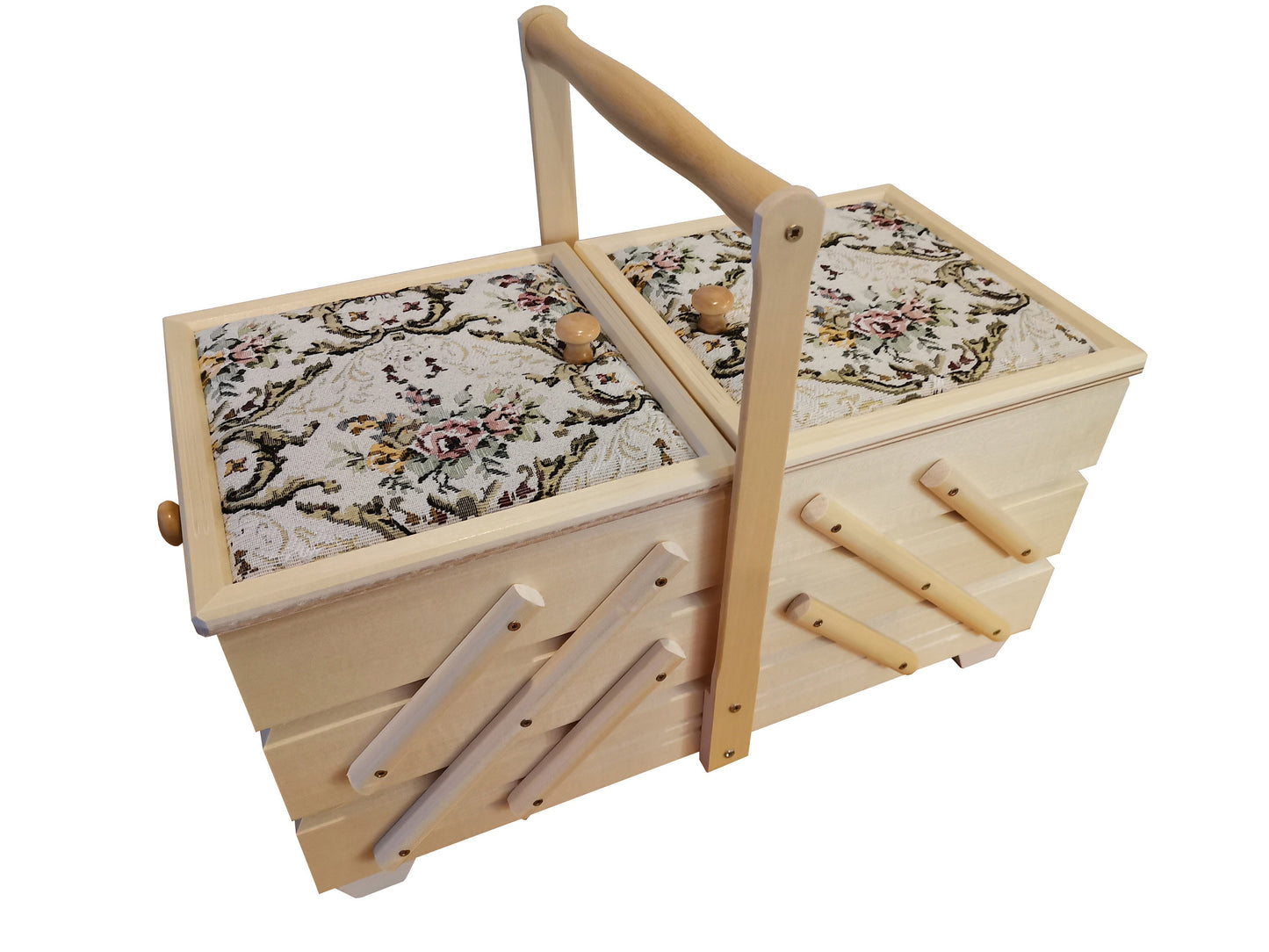 Big wooden box for sewing accessories, natural wood storage box for craft supplies, upholsted jewelry box, sewing box wood, accordion box