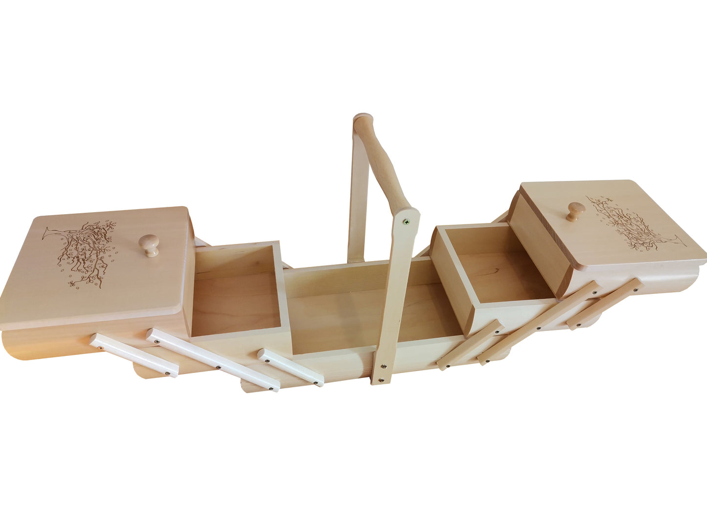 Natural wood sewing box, wooden jewelry casket, carved expandable box, supplies storage, concertina box, home organization, tree motive