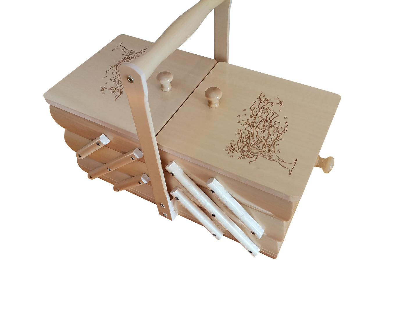 Natural wood sewing box, wooden jewelry casket, carved expandable box, supplies storage, concertina box, home organization, tree motive