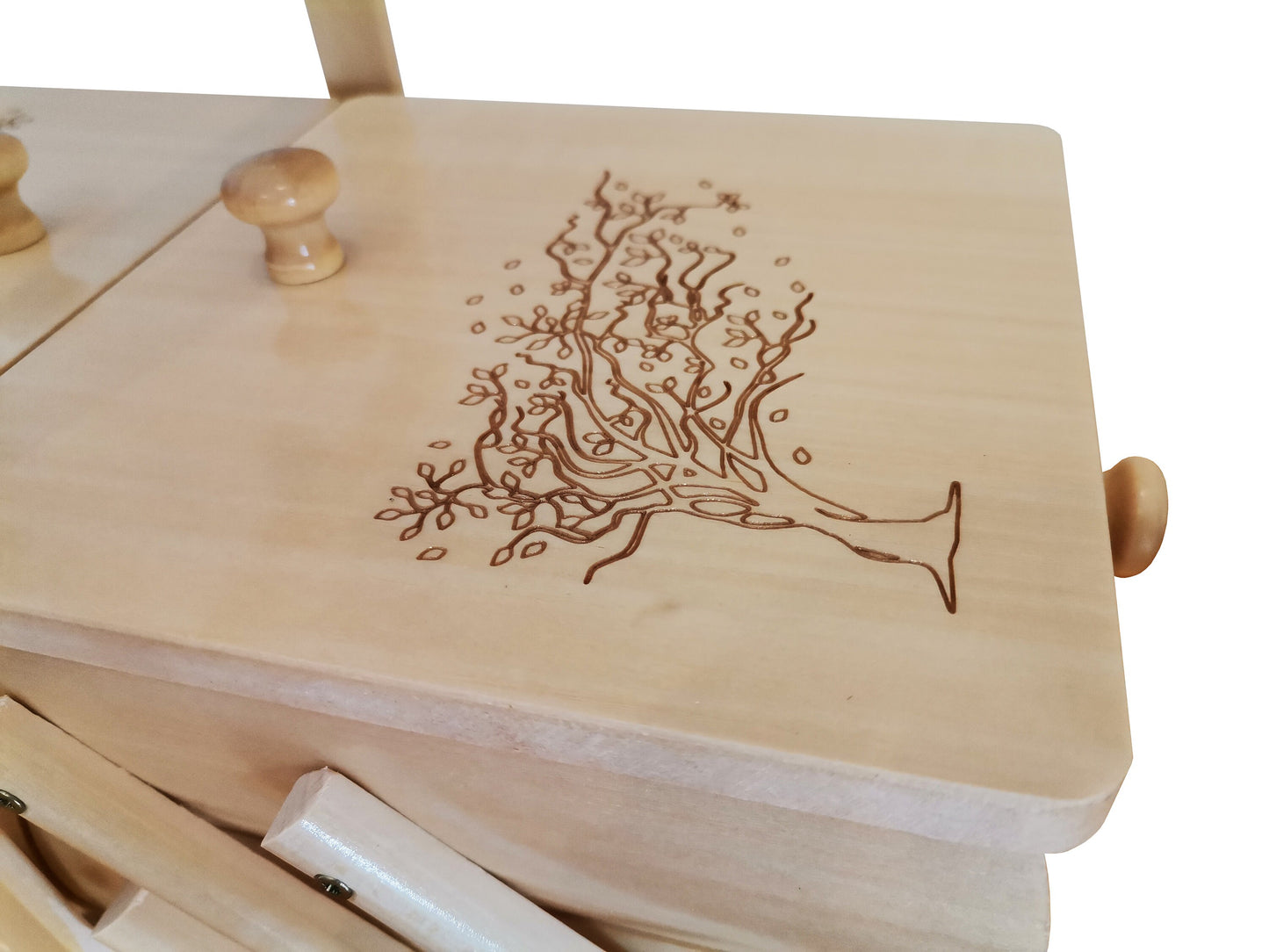 Natural wood sewing box, wooden jewelry casket, carved expandable box, supplies storage, concertina box, home organization, tree motive