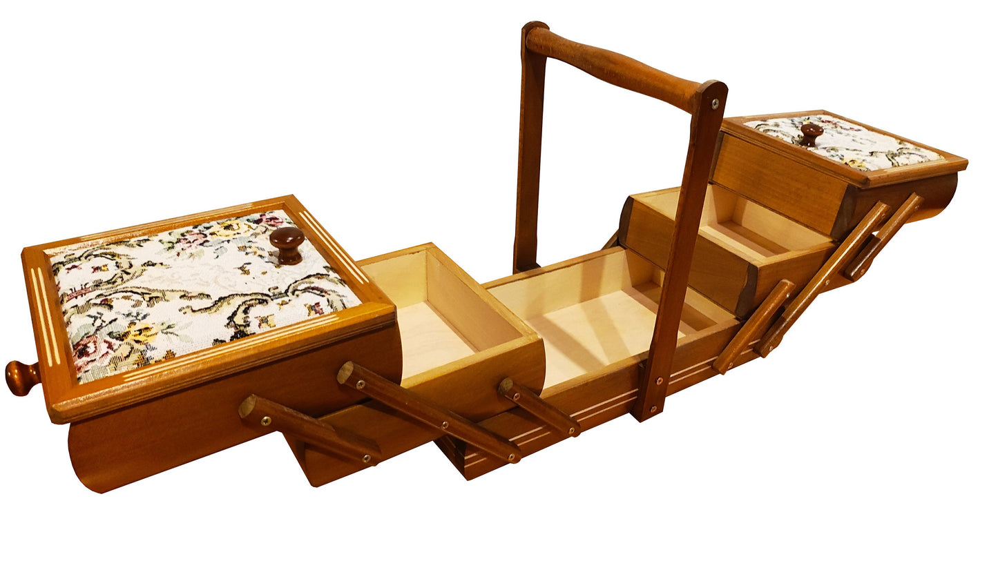 Sewing box made from wood, jewelry casket, decorative expandable box, art craft storage, upholsted concentrina box, home stuff organization