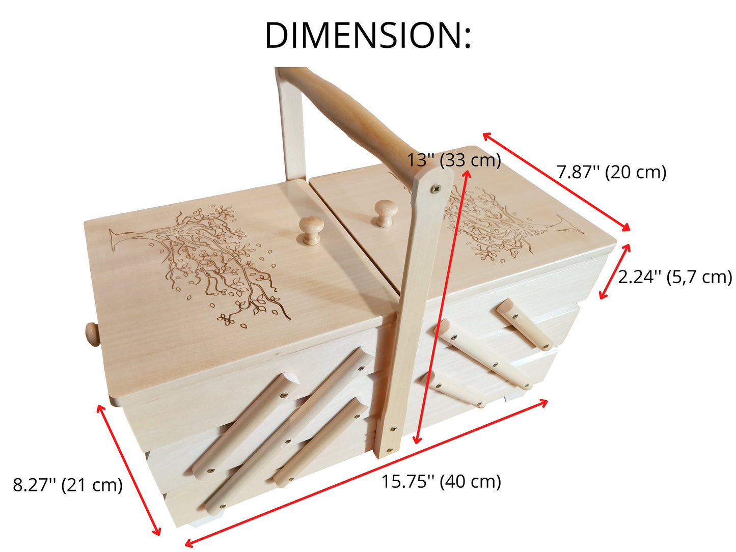 Big wooden sewing box, natural wood ornamental sewing box, jewellery casket, storage box with tree motive, sewing accordion box, woman gift