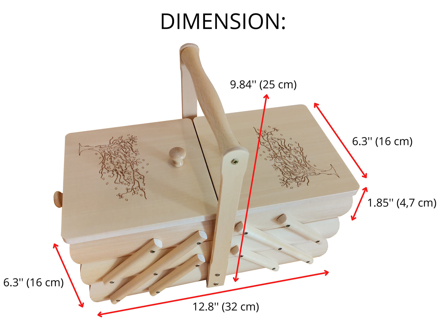 Natural wood sewing box, wooden jewelry casket, carved expandable box, supplies storage, concertina box, home organization, tree motive