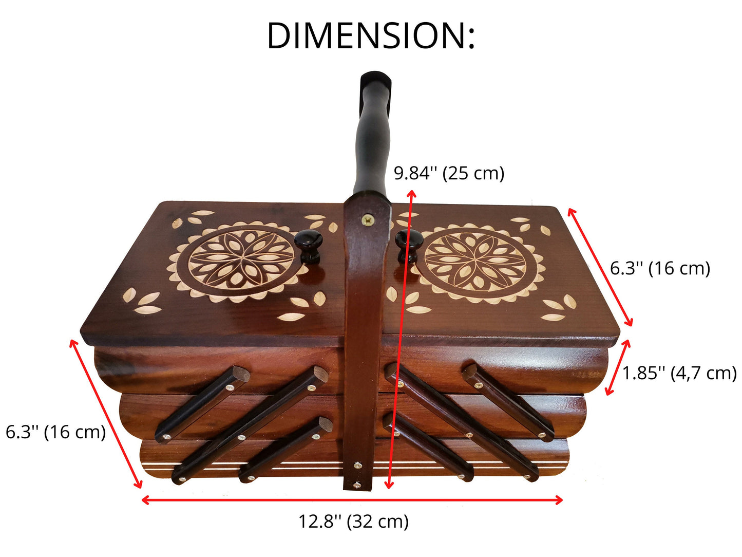 Wooden sewing box made from natural wood, dark brown wooden box for craft supplies, elegant hand carved jewelry box, stylish gift