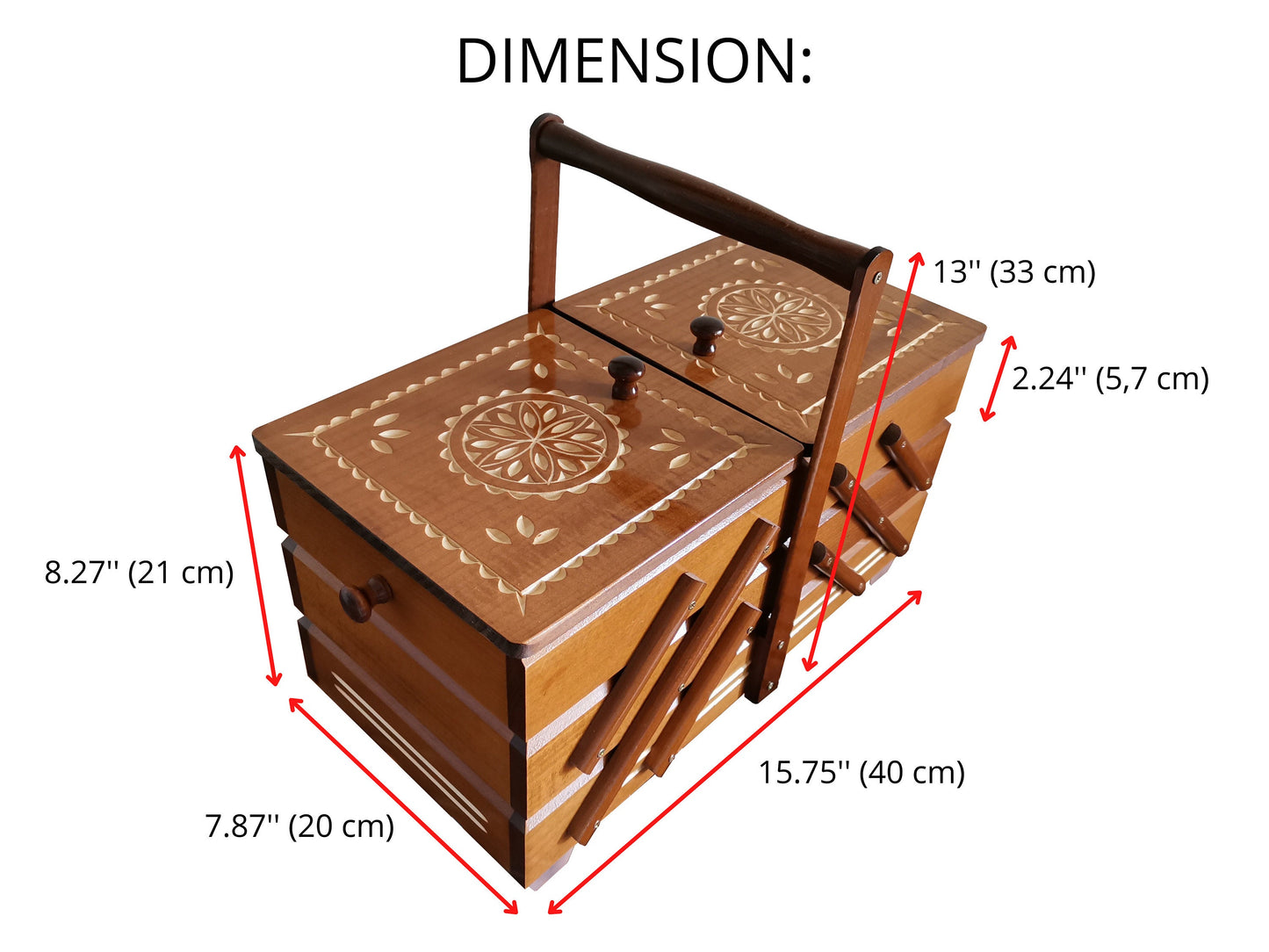 Huge sewing box from wood, light brown carved sewing caddy, jewellery casket for her, needles box, accordion box, best gift for woman