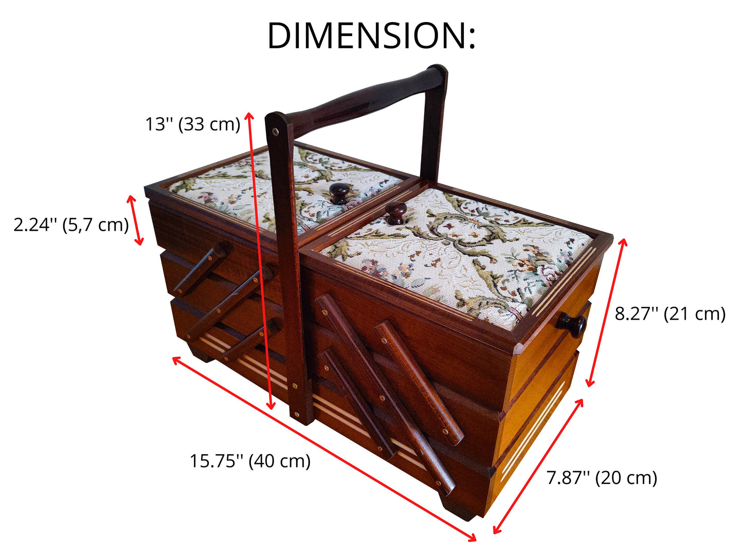 Dark brown sewing box with soft material, Wooden storage box for craft supplies or jewelry, big sewing box accordion, upholstered lids box