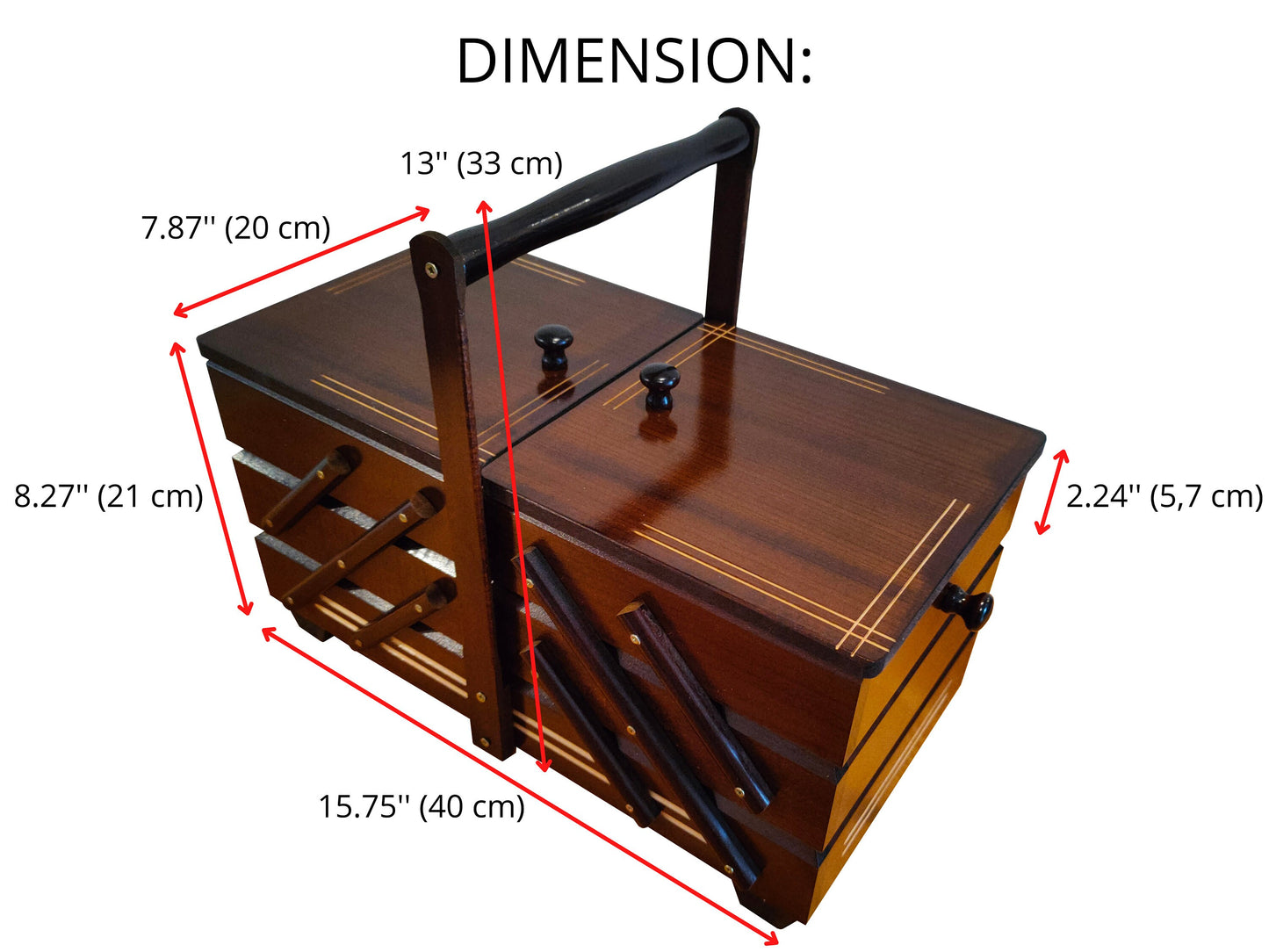 Very big sewing box from wood, dark brown sewing caddy, jewellery casket for her, needles box, accordion box, elegant stylish gift